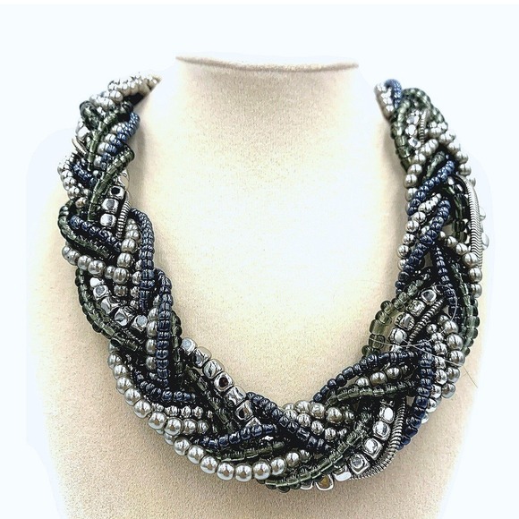 Premier Designs Jewelry - Premier Designs Interwoven Multi Strand Braided Beaded Bib Necklace Blue Green